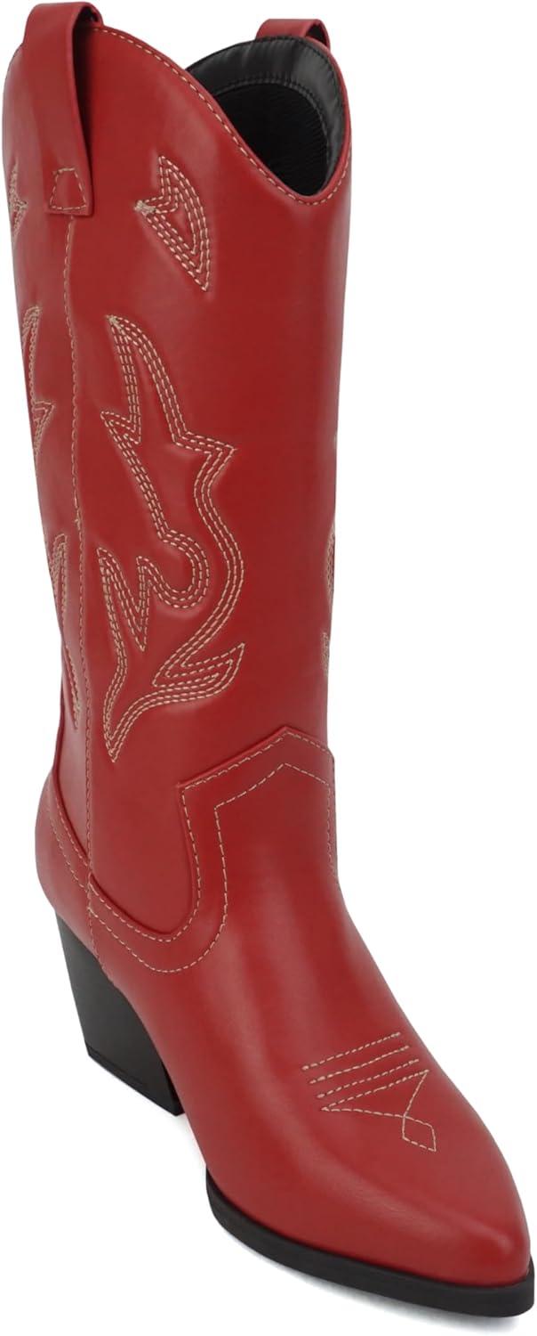 imageSoda Orville  Women Western Cowboy Stitched Pointe Toe Heel Ankle Mid Shaft Fashion BootsRed Pu