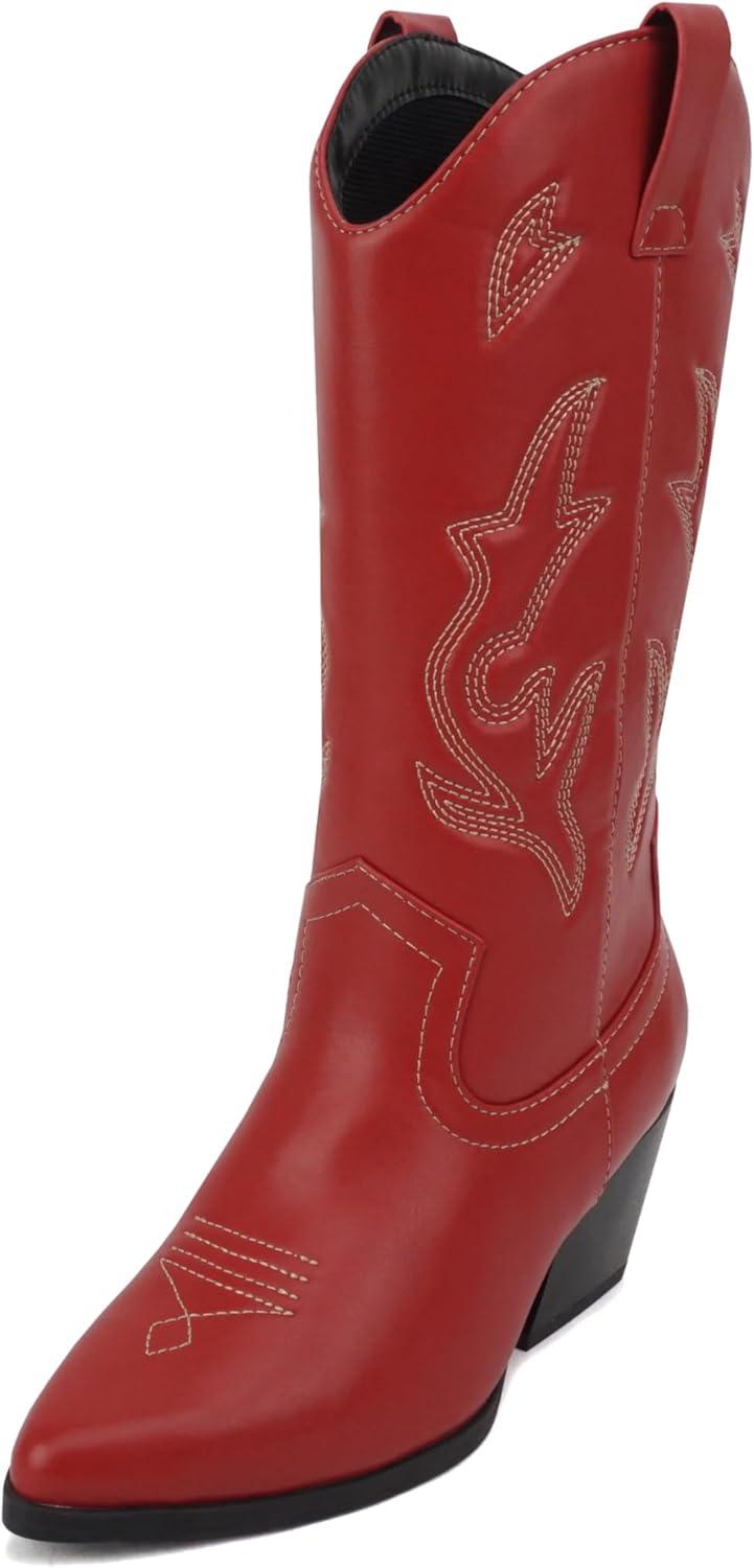 imageSoda Orville  Women Western Cowboy Stitched Pointe Toe Heel Ankle Mid Shaft Fashion BootsRed Pu