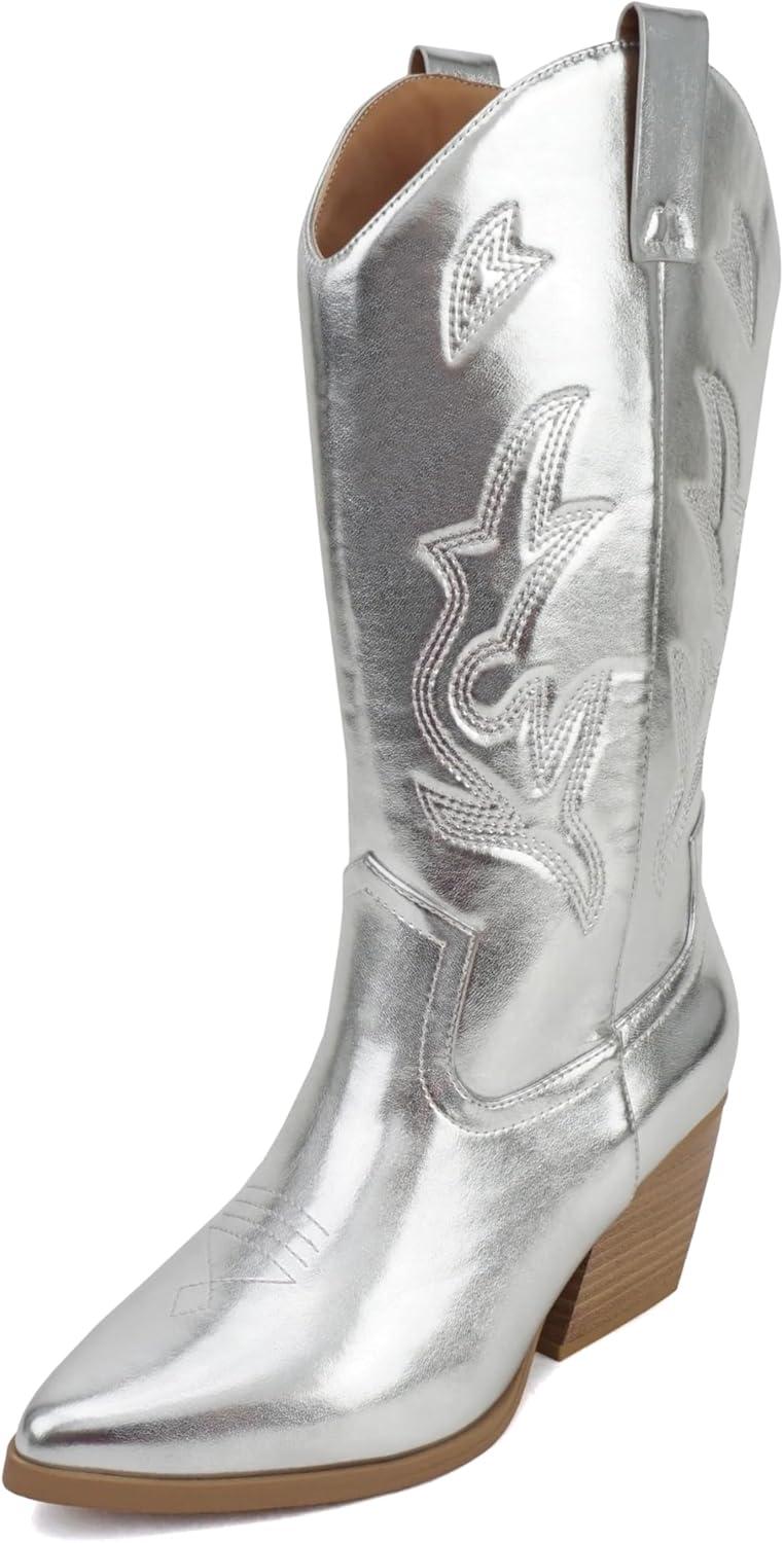 imageSoda Orville  Women Western Cowboy Stitched Pointe Toe Heel Ankle Mid Shaft Fashion BootsSilver