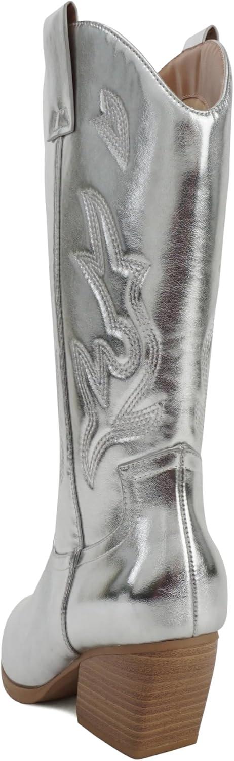 imageSoda Orville  Women Western Cowboy Stitched Pointe Toe Heel Ankle Mid Shaft Fashion BootsSilver