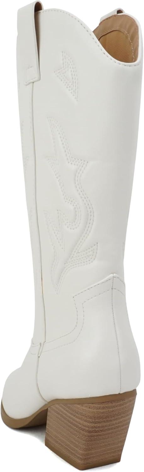 imageSoda Orville  Women Western Cowboy Stitched Pointe Toe Heel Ankle Mid Shaft Fashion BootsWhite Pu