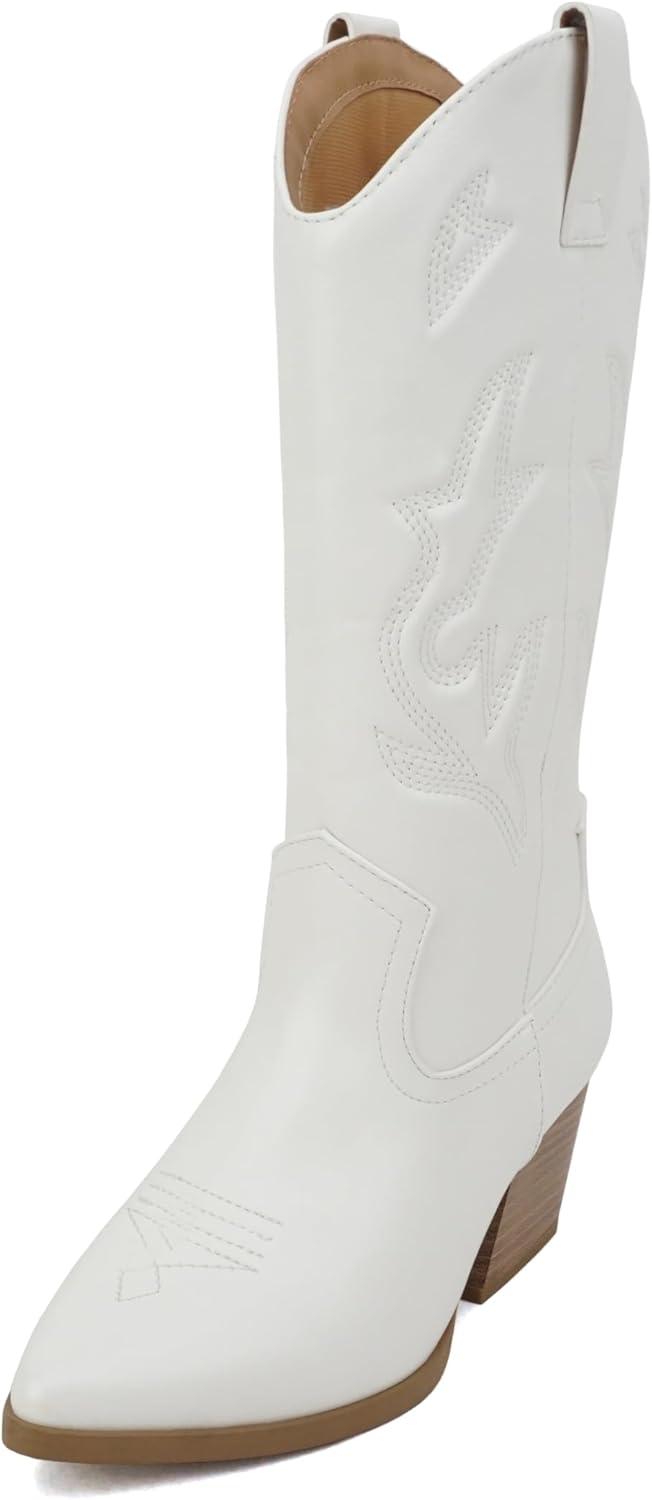 imageSoda Orville  Women Western Cowboy Stitched Pointe Toe Heel Ankle Mid Shaft Fashion BootsWhite Pu
