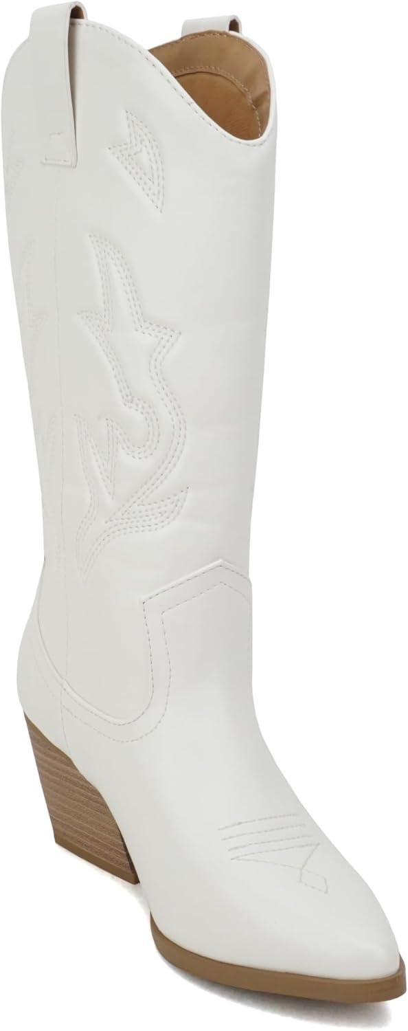 imageSoda Orville  Women Western Cowboy Stitched Pointe Toe Heel Ankle Mid Shaft Fashion BootsWhite Pu