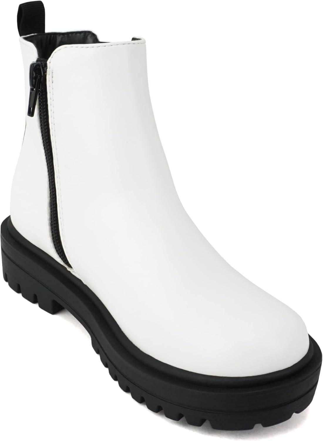 imageSoda PILOT2  Little KidsChildrenGirls Lug Sole Elastic Gore Low Heel Chelsea Fashion Ankle Bootie wSide ZipperWhite Pu