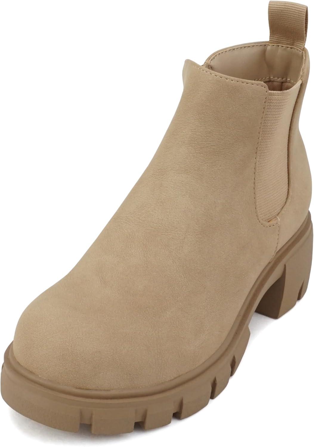 imageSoda PIONEER2 KidsGirlsChildren Lug Sole Low Heel Chelsea Fashion Ankle Bootie wDouble Elastic GoreBeige Nubuck