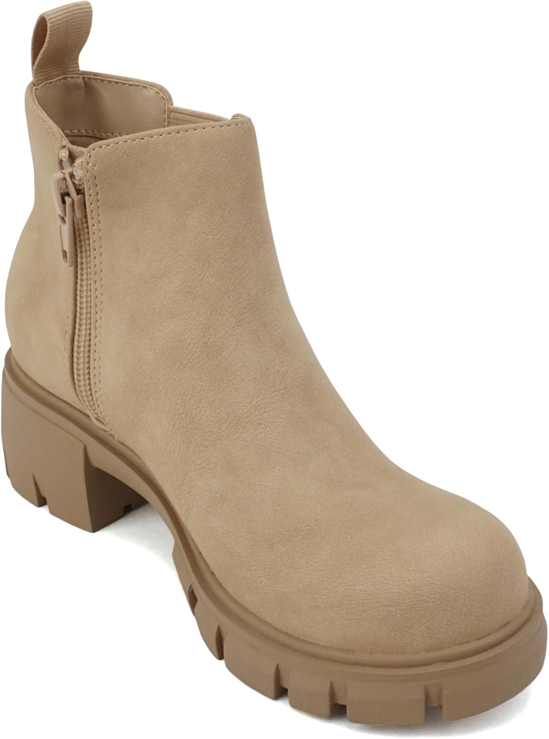imageSoda PIONEER2 KidsGirlsChildren Lug Sole Low Heel Chelsea Fashion Ankle Bootie wDouble Elastic GoreBeige Nubuck