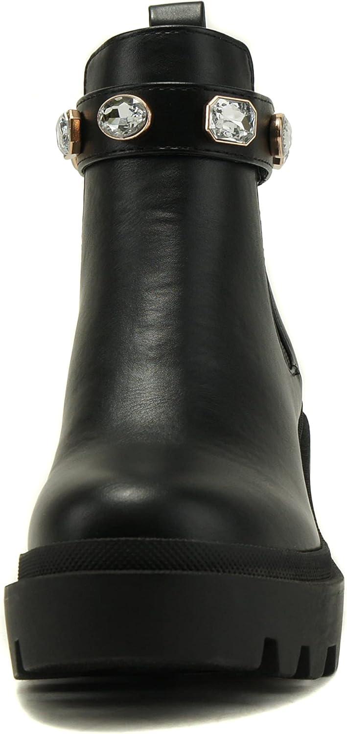 imageSoda PROFILE Women Lug Sole Mid Heel Chelsea Fashion Ankle Bootie wGleaming StudsBlack