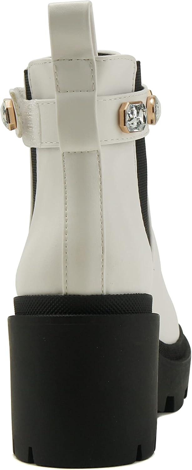imageSoda PROFILE Women Lug Sole Mid Heel Chelsea Fashion Ankle Bootie wGleaming StudsWhite