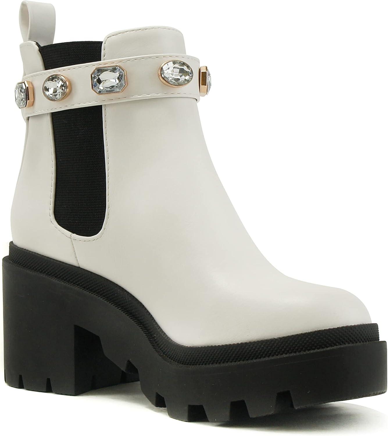imageSoda PROFILE Women Lug Sole Mid Heel Chelsea Fashion Ankle Bootie wGleaming StudsWhite