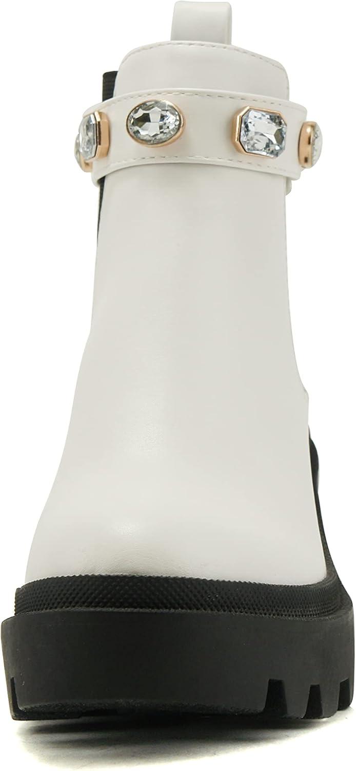 imageSoda PROFILE Women Lug Sole Mid Heel Chelsea Fashion Ankle Bootie wGleaming StudsWhite