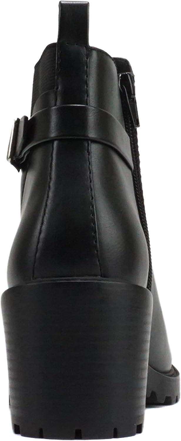imageSoda PUGGLE  Women Round Toe Elastic Gore Belted Strap Lug Sole Low Heel Ankle Boot with Side ZipperBlack Pu