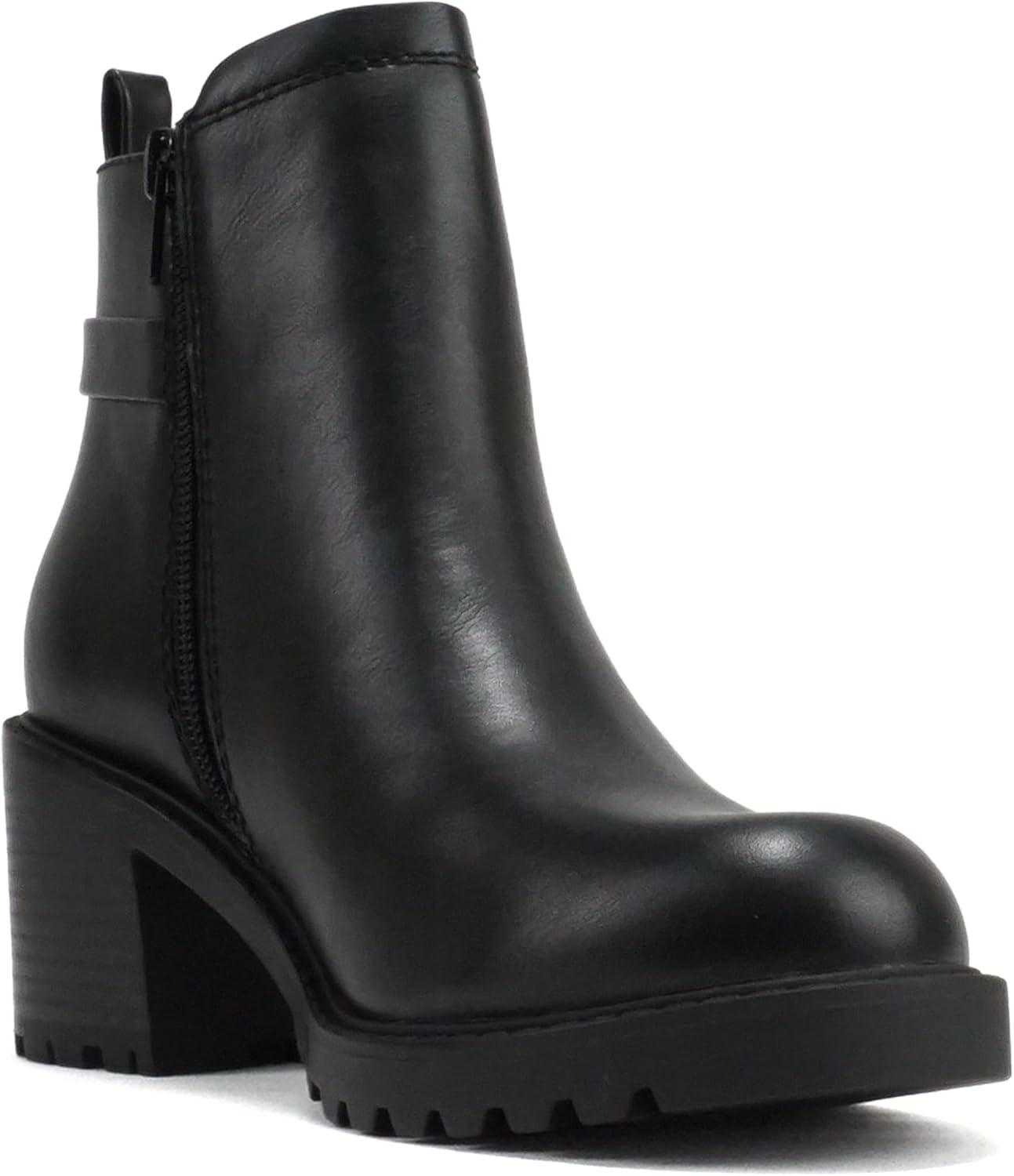 imageSoda PUGGLE  Women Round Toe Elastic Gore Belted Strap Lug Sole Low Heel Ankle Boot with Side ZipperBlack Pu