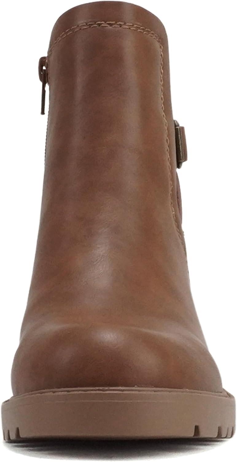 imageSoda PUGGLE  Women Round Toe Elastic Gore Belted Strap Lug Sole Low Heel Ankle Boot with Side ZipperCognac Pu