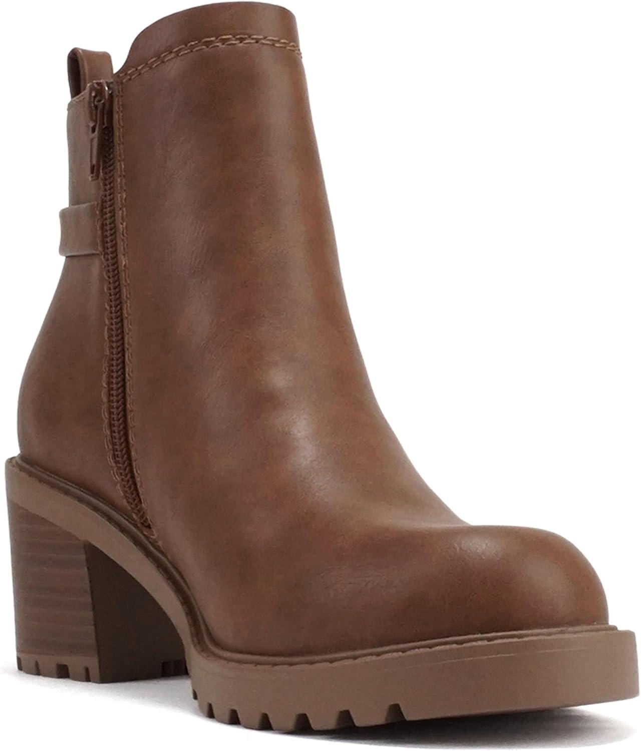 imageSoda PUGGLE  Women Round Toe Elastic Gore Belted Strap Lug Sole Low Heel Ankle Boot with Side ZipperCognac Pu