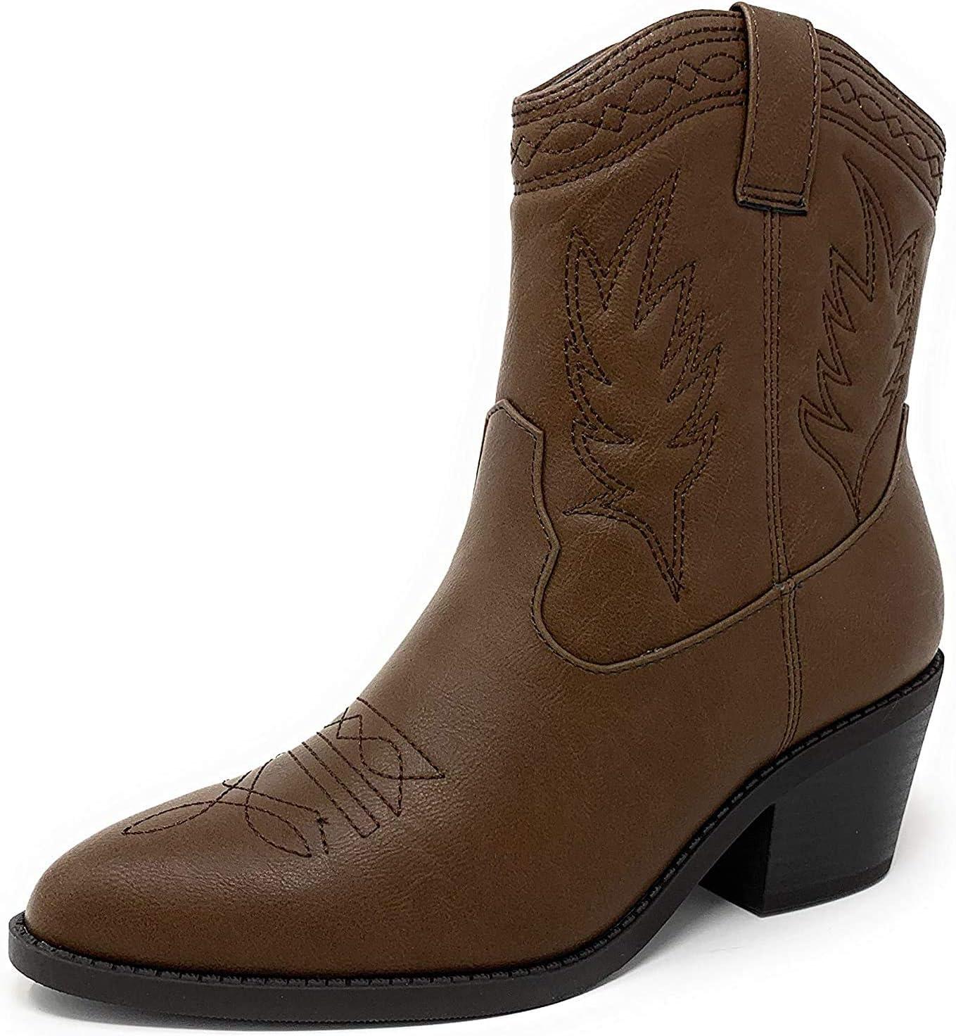 imageSoda Picotee Women Western Cowboy Cowgirl Stitched Ankle BootsDk Tan Pu
