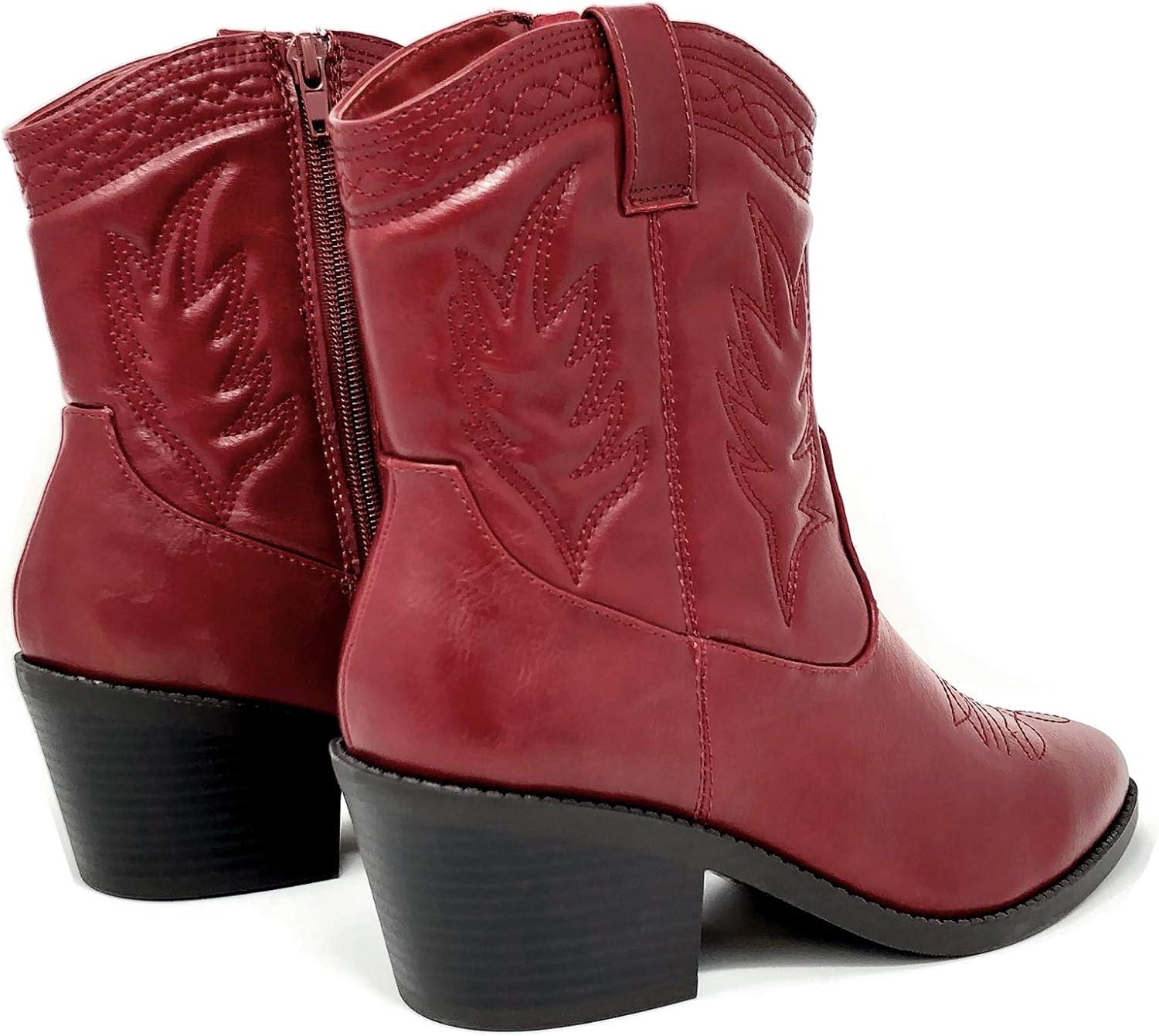 imageSoda Picotee Women Western Cowboy Cowgirl Stitched Ankle BootsRed Pu