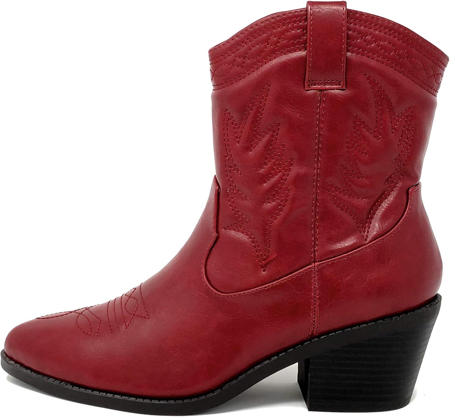 imageSoda Picotee Women Western Cowboy Cowgirl Stitched Ankle BootsRed Pu