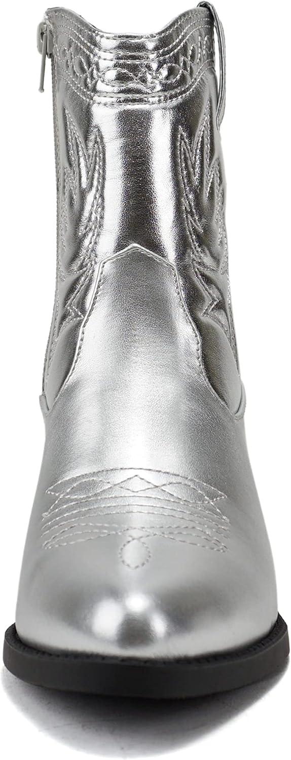 imageSoda Picotee Women Western Cowboy Cowgirl Stitched Ankle BootsSilver Metallic Pu