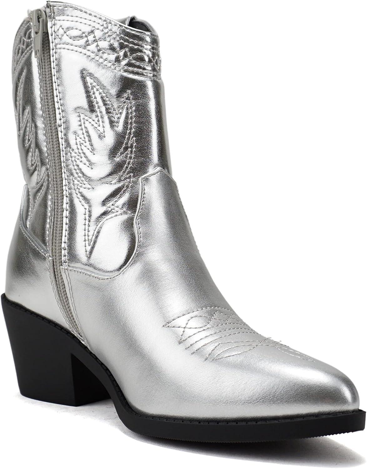 imageSoda Picotee Women Western Cowboy Cowgirl Stitched Ankle BootsSilver Metallic Pu