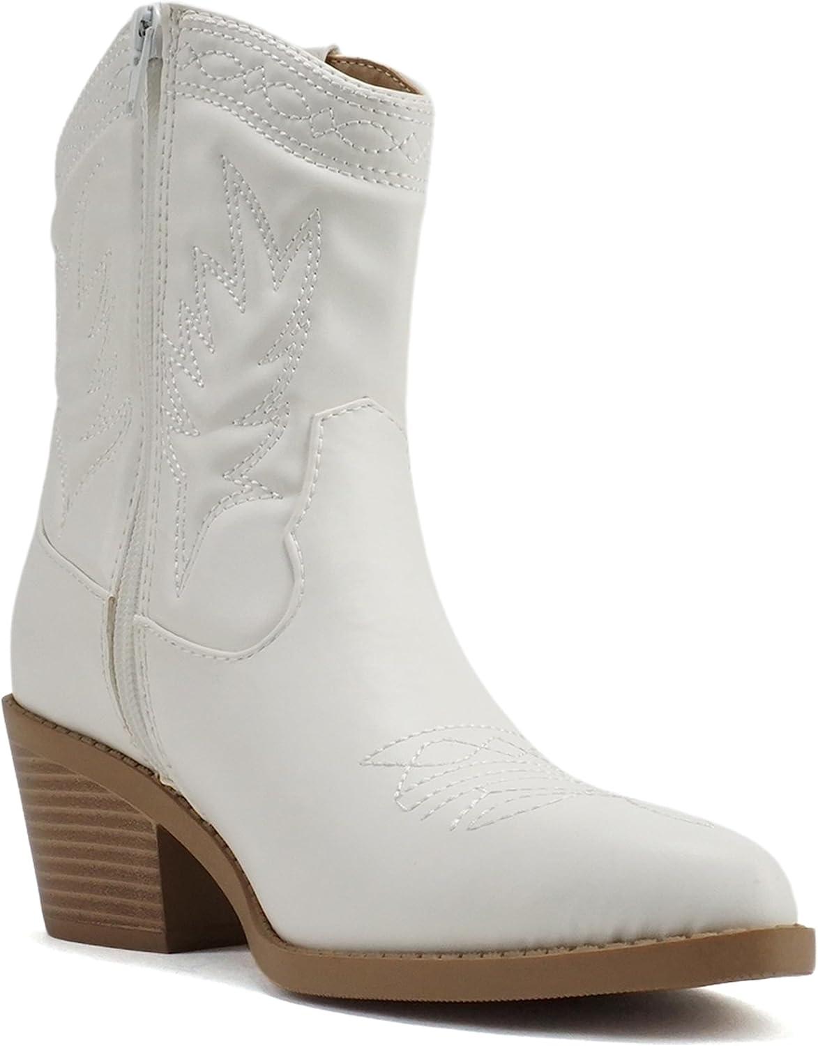 imageSoda Picotee Women Western Cowboy Cowgirl Stitched Ankle BootsWhite Pu