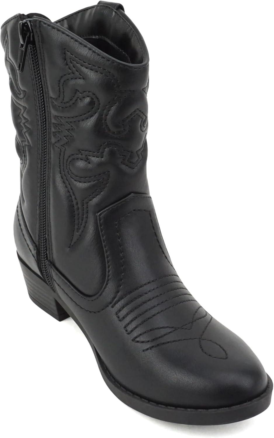 imageSoda RENO2 KidsGirlsChildren Western Cowboy Stitched Pointe Toe Low Heel Ankle Mid Shaft Fashion BootsBlack Pu