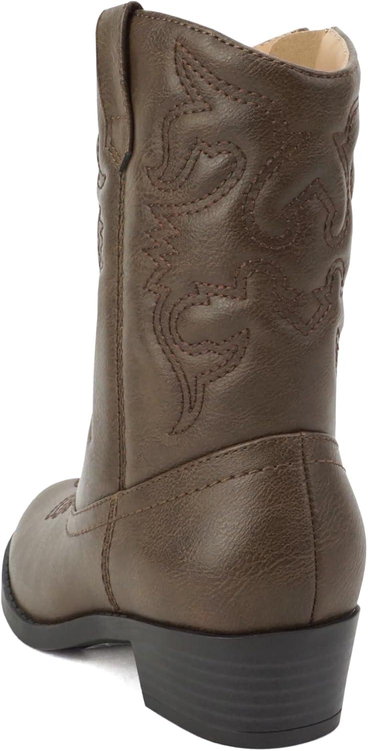 imageSoda RENO2 KidsGirlsChildren Western Cowboy Stitched Pointe Toe Low Heel Ankle Mid Shaft Fashion BootsDark Tan Pu
