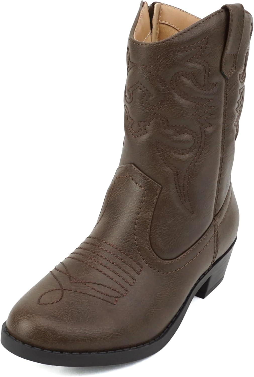 imageSoda RENO2 KidsGirlsChildren Western Cowboy Stitched Pointe Toe Low Heel Ankle Mid Shaft Fashion BootsDark Tan Pu