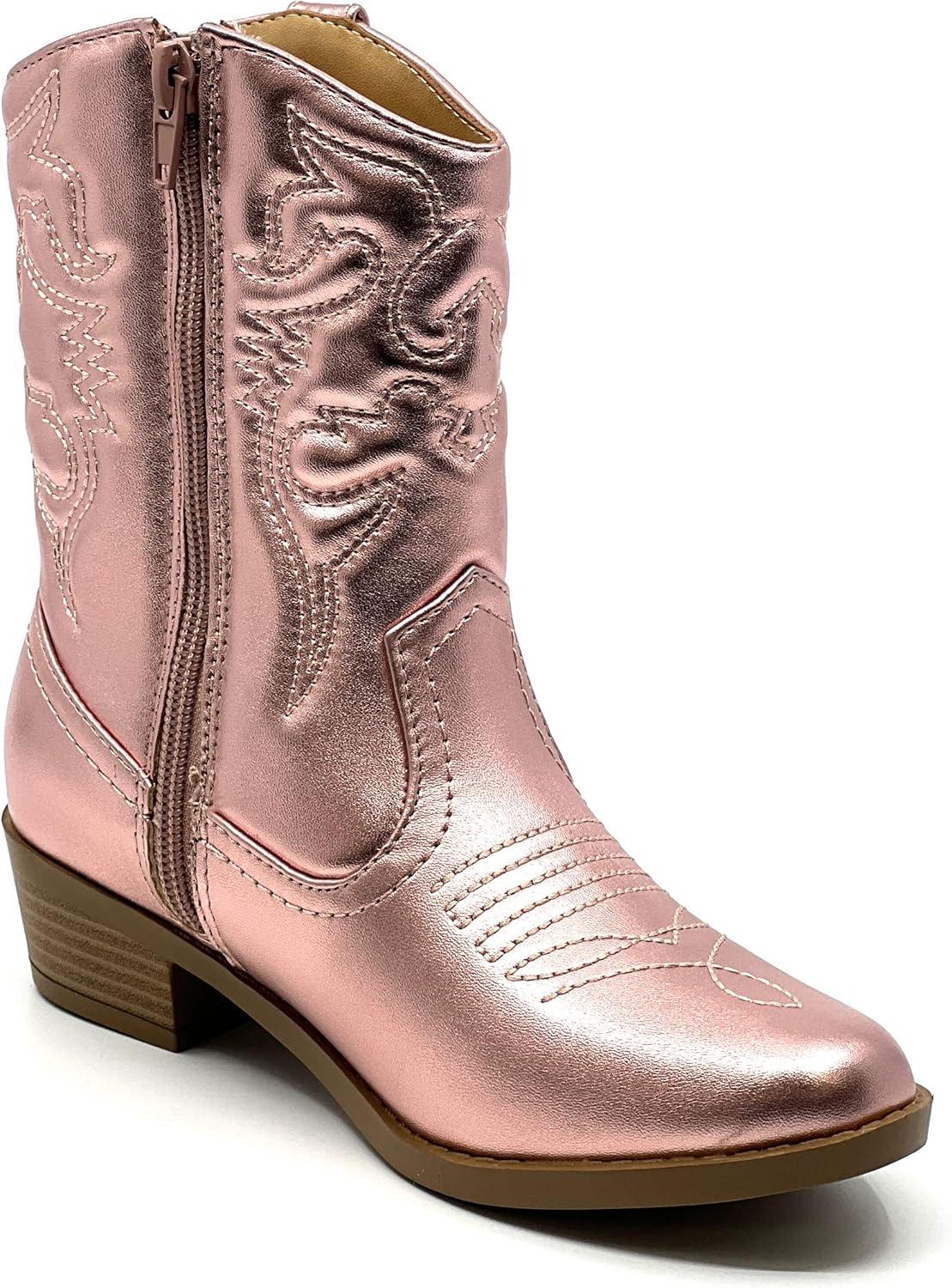 imageSoda RENO2 KidsGirlsChildren Western Cowboy Stitched Pointe Toe Low Heel Ankle Mid Shaft Fashion BootsLtpink Metallic Pu