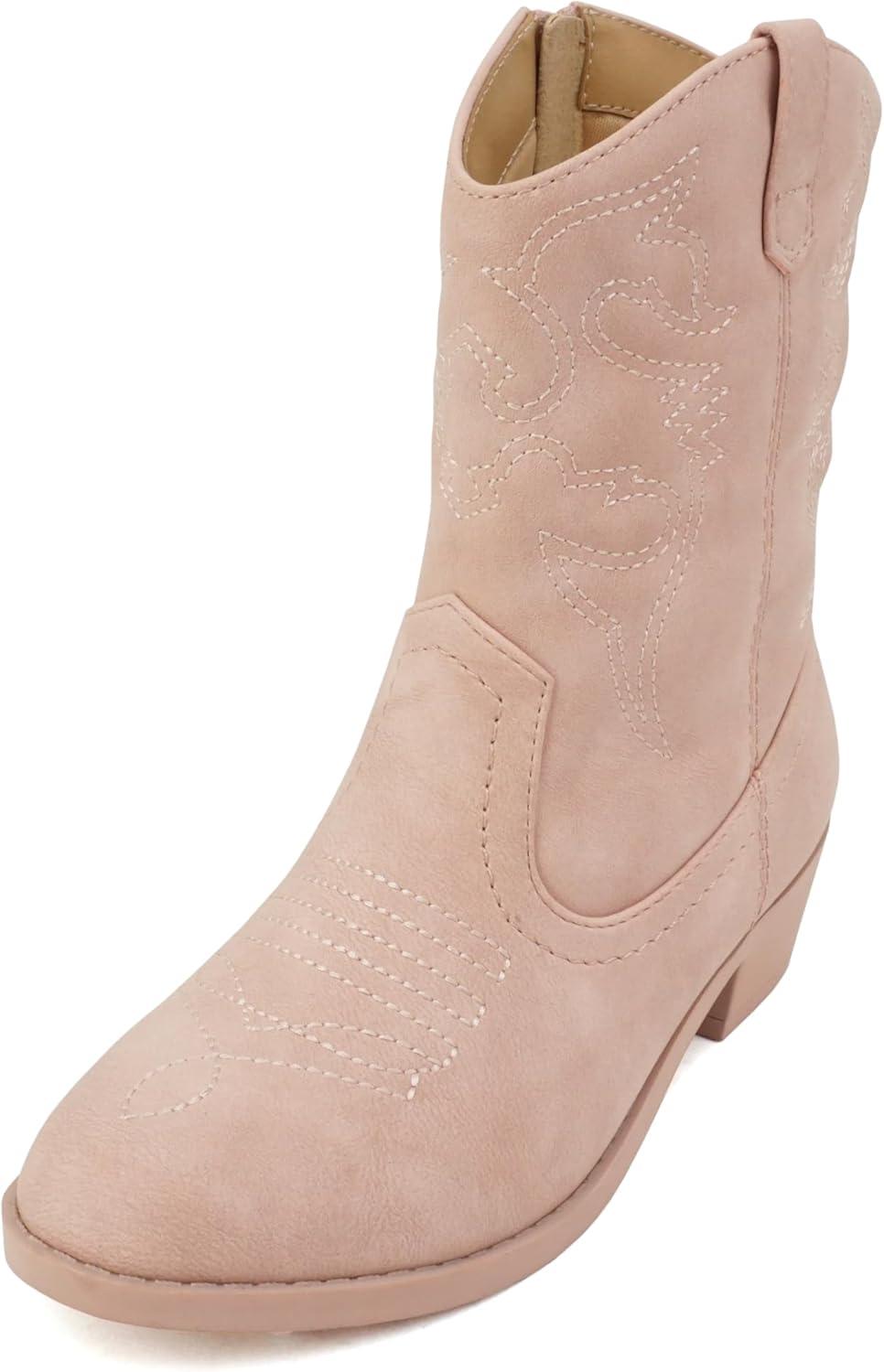 imageSoda RENO2 KidsGirlsChildren Western Cowboy Stitched Pointe Toe Low Heel Ankle Mid Shaft Fashion BootsPink Nubuck