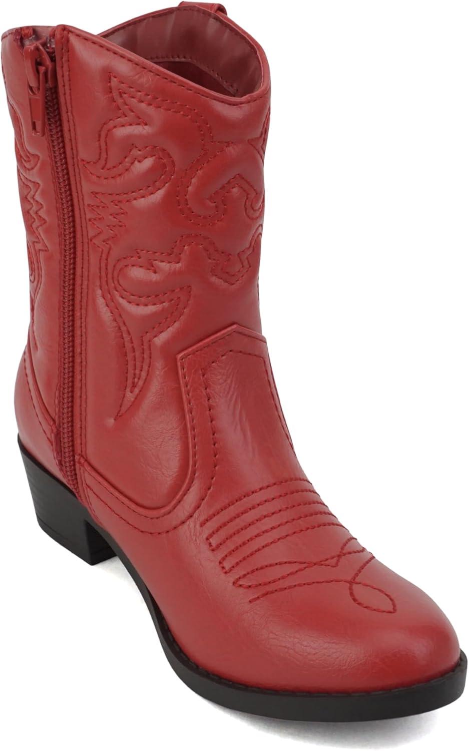 imageSoda RENO2 KidsGirlsChildren Western Cowboy Stitched Pointe Toe Low Heel Ankle Mid Shaft Fashion BootsRed Pu