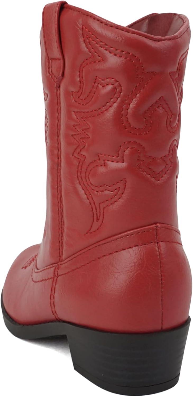 imageSoda RENO2 KidsGirlsChildren Western Cowboy Stitched Pointe Toe Low Heel Ankle Mid Shaft Fashion BootsRed Pu