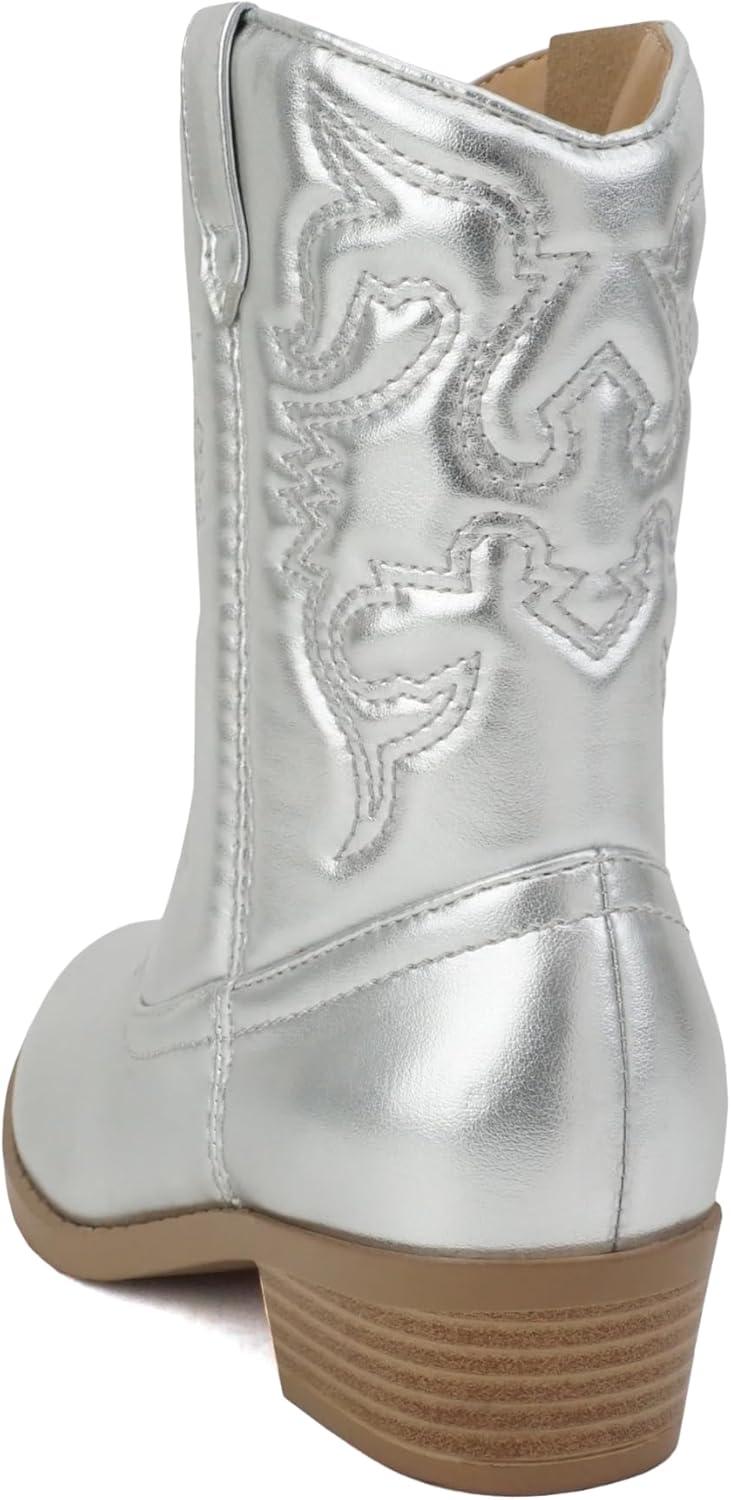 imageSoda RENO2 KidsGirlsChildren Western Cowboy Stitched Pointe Toe Low Heel Ankle Mid Shaft Fashion BootsSilver