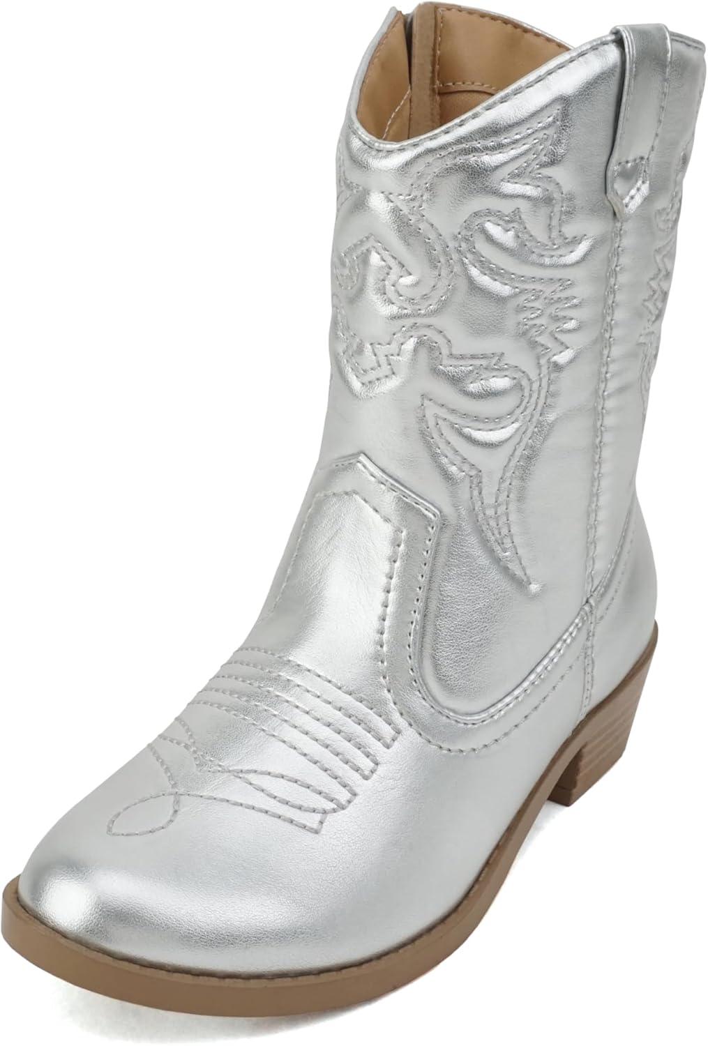 imageSoda RENO2 KidsGirlsChildren Western Cowboy Stitched Pointe Toe Low Heel Ankle Mid Shaft Fashion BootsSilver