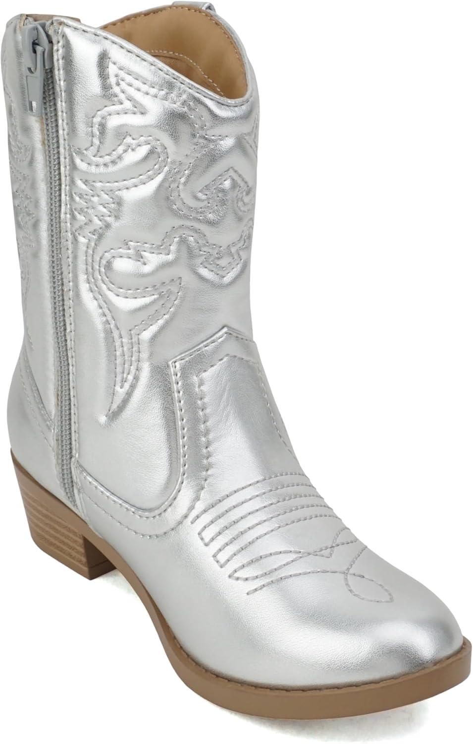 imageSoda RENO2 KidsGirlsChildren Western Cowboy Stitched Pointe Toe Low Heel Ankle Mid Shaft Fashion BootsSilver