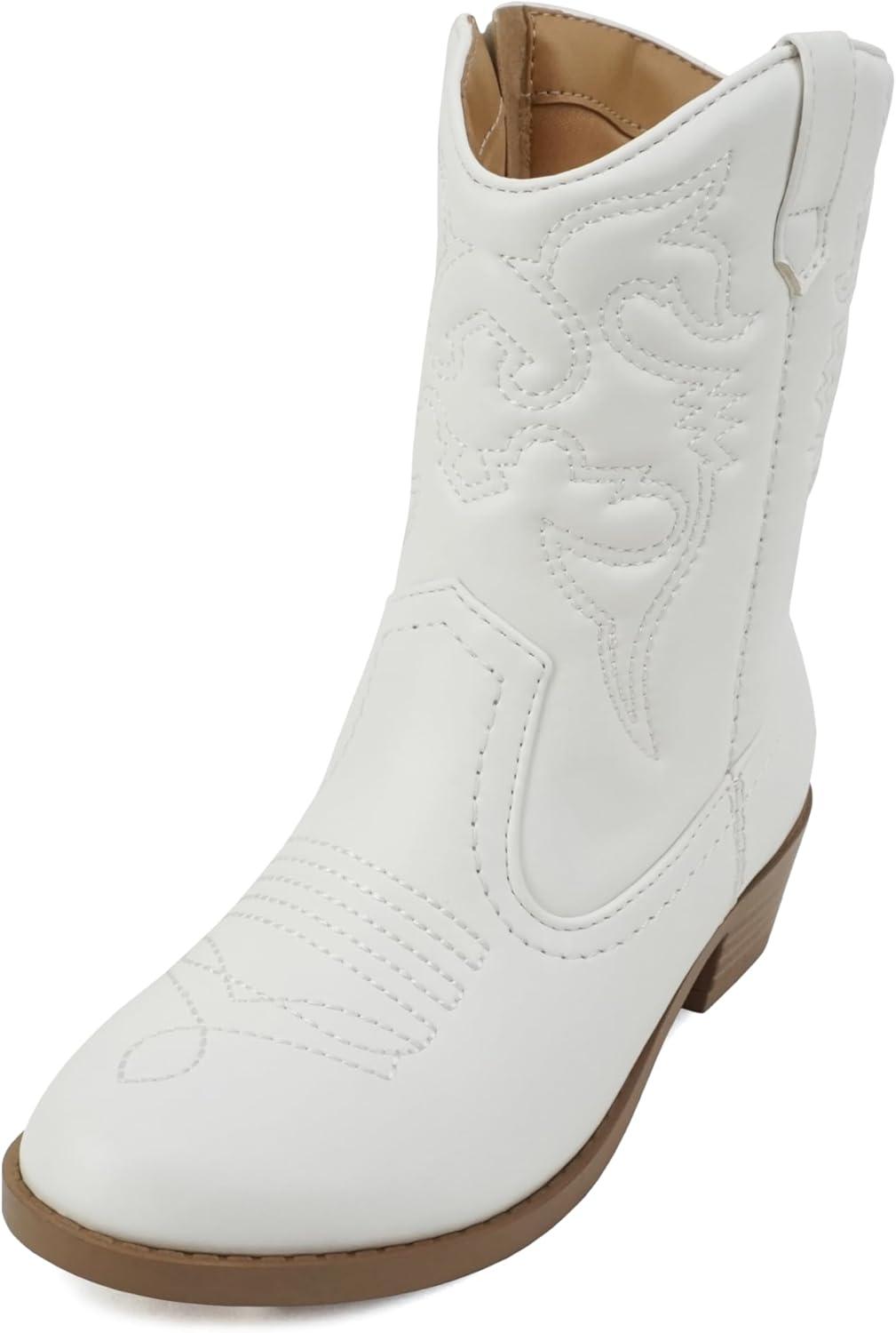 imageSoda RENO2 KidsGirlsChildren Western Cowboy Stitched Pointe Toe Low Heel Ankle Mid Shaft Fashion BootsWhite Pu