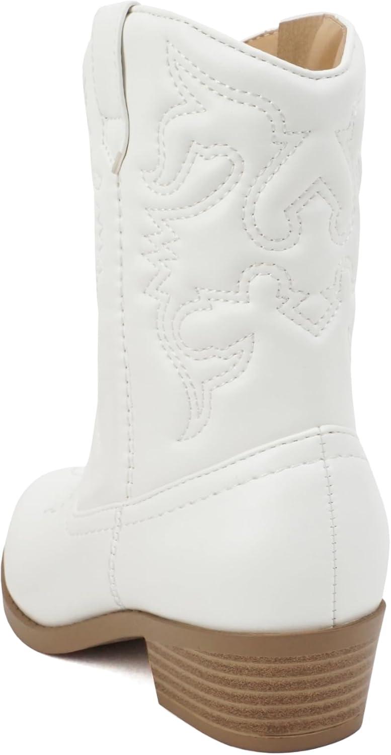 imageSoda RENO2 KidsGirlsChildren Western Cowboy Stitched Pointe Toe Low Heel Ankle Mid Shaft Fashion BootsWhite Pu