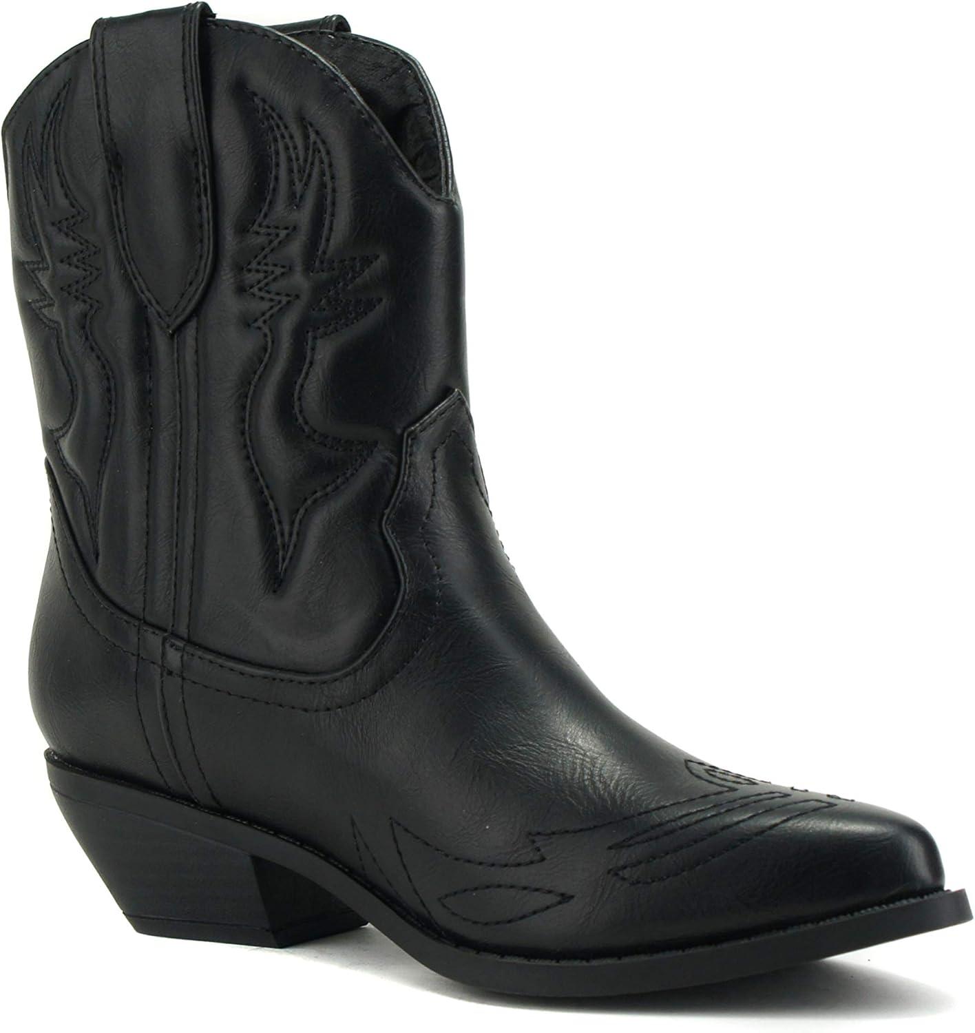 imageSoda RIGGING  Women Western Stitched Pointe Toe Low Heel Ankle Mid Shaft BootsBlack