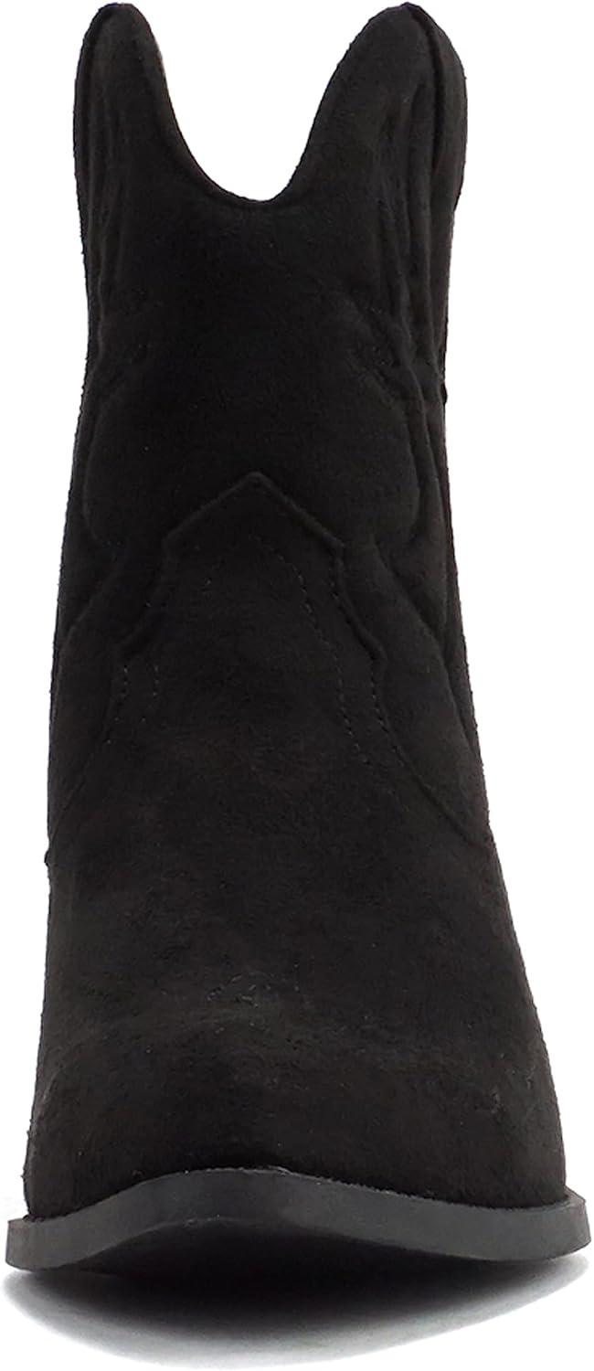 imageSoda RIGGING  Women Western Stitched Pointe Toe Low Heel Ankle Mid Shaft BootsBlack Imit Suede