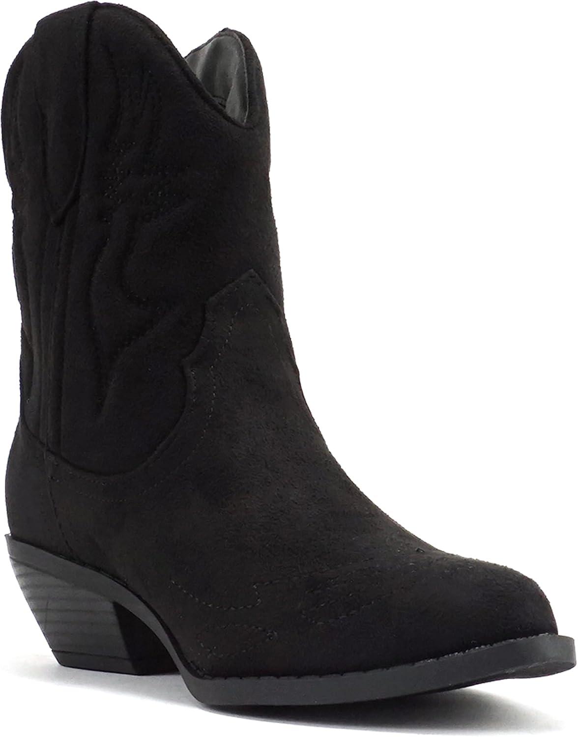 imageSoda RIGGING  Women Western Stitched Pointe Toe Low Heel Ankle Mid Shaft BootsBlack Imit Suede