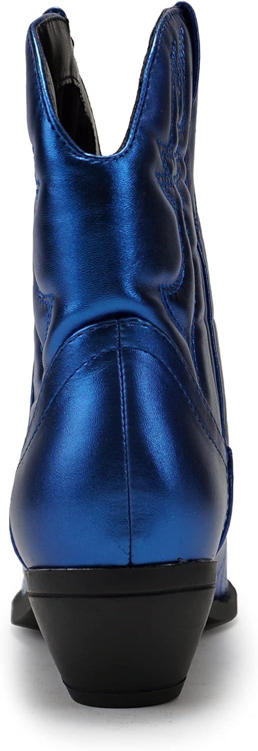 imageSoda RIGGING  Women Western Stitched Pointe Toe Low Heel Ankle Mid Shaft BootsBlue Metallic