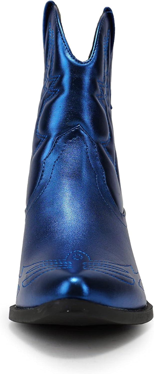imageSoda RIGGING  Women Western Stitched Pointe Toe Low Heel Ankle Mid Shaft BootsBlue Metallic