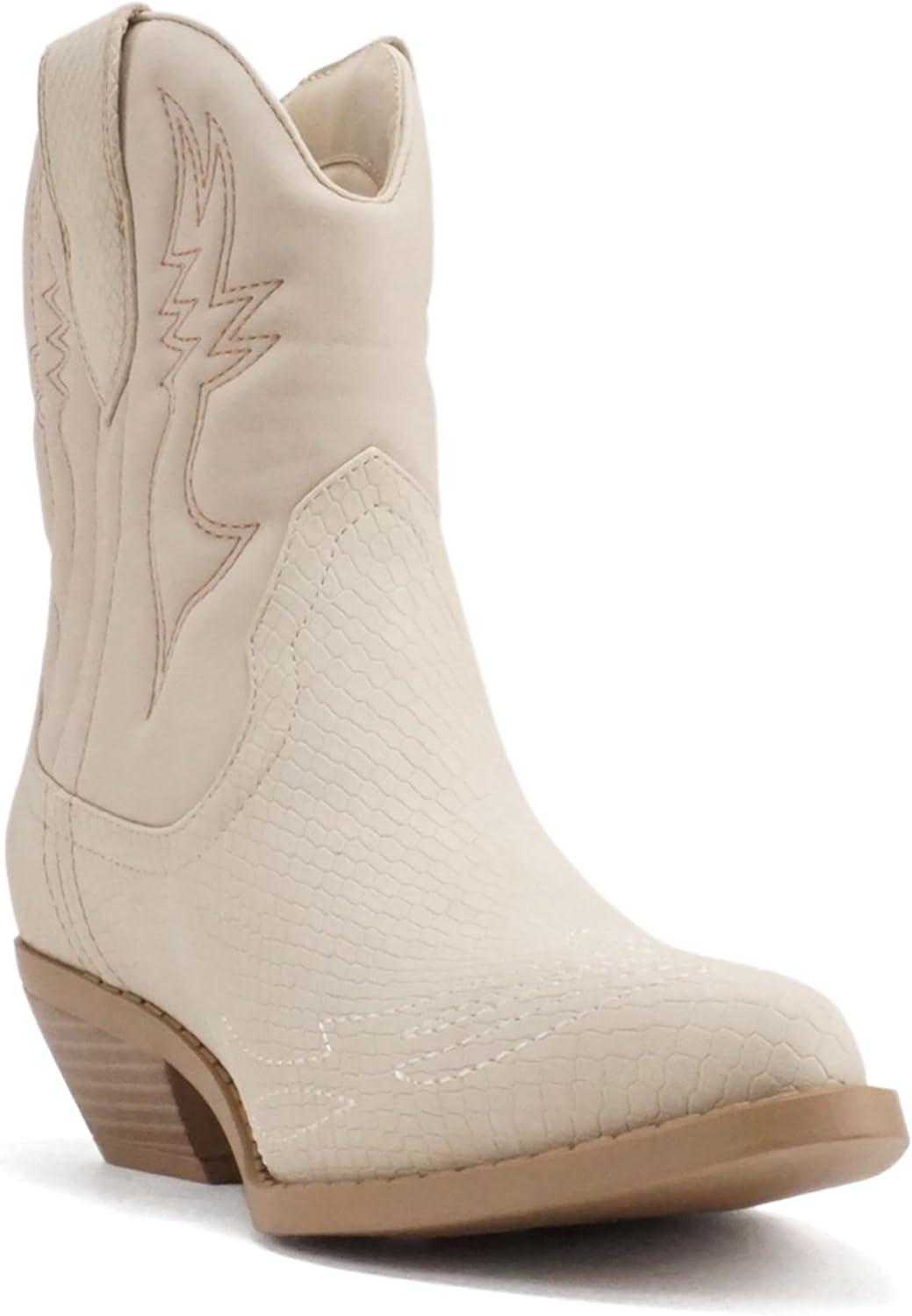 imageSoda RIGGING  Women Western Stitched Pointe Toe Low Heel Ankle Mid Shaft BootsCobra Nude