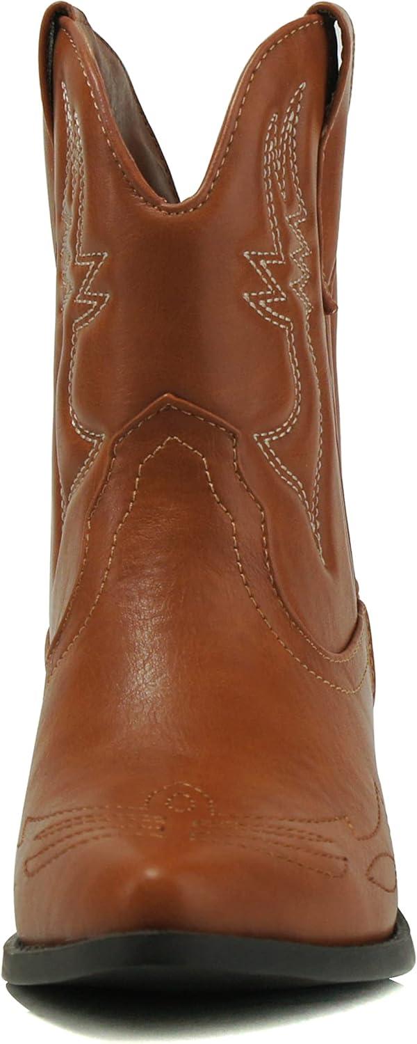 imageSoda RIGGING  Women Western Stitched Pointe Toe Low Heel Ankle Mid Shaft BootsCognac