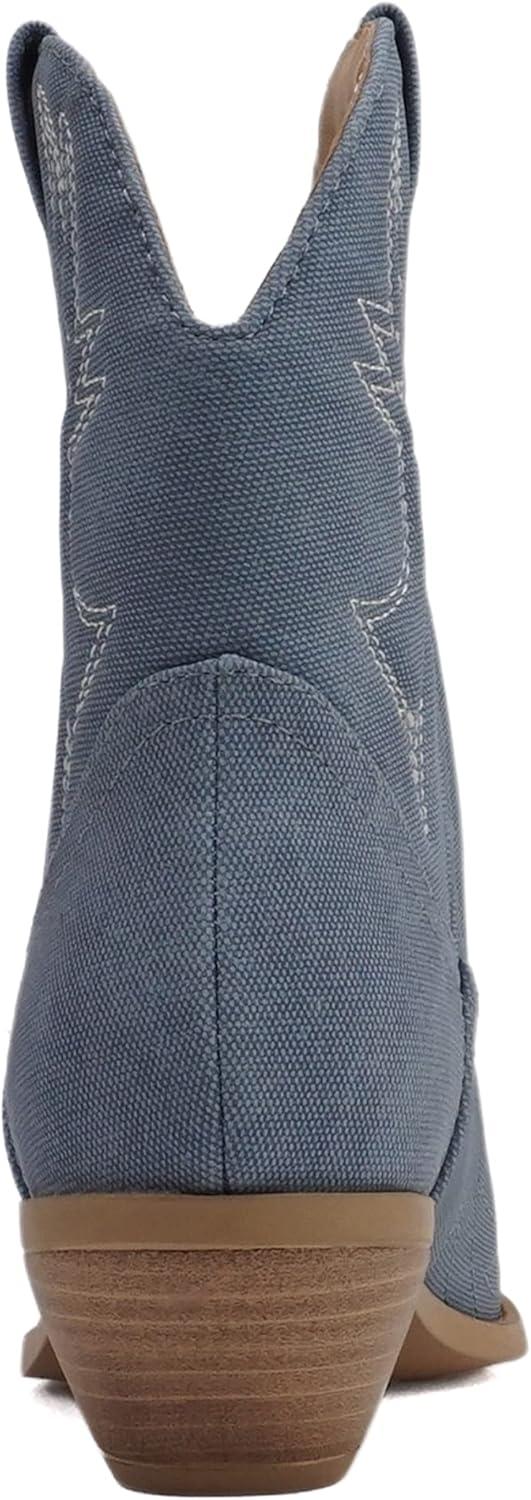 imageSoda RIGGING  Women Western Stitched Pointe Toe Low Heel Ankle Mid Shaft BootsDenim Blue