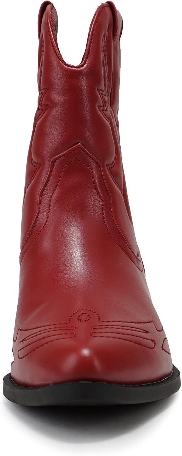 imageSoda RIGGING  Women Western Stitched Pointe Toe Low Heel Ankle Mid Shaft BootsDk Red Pu