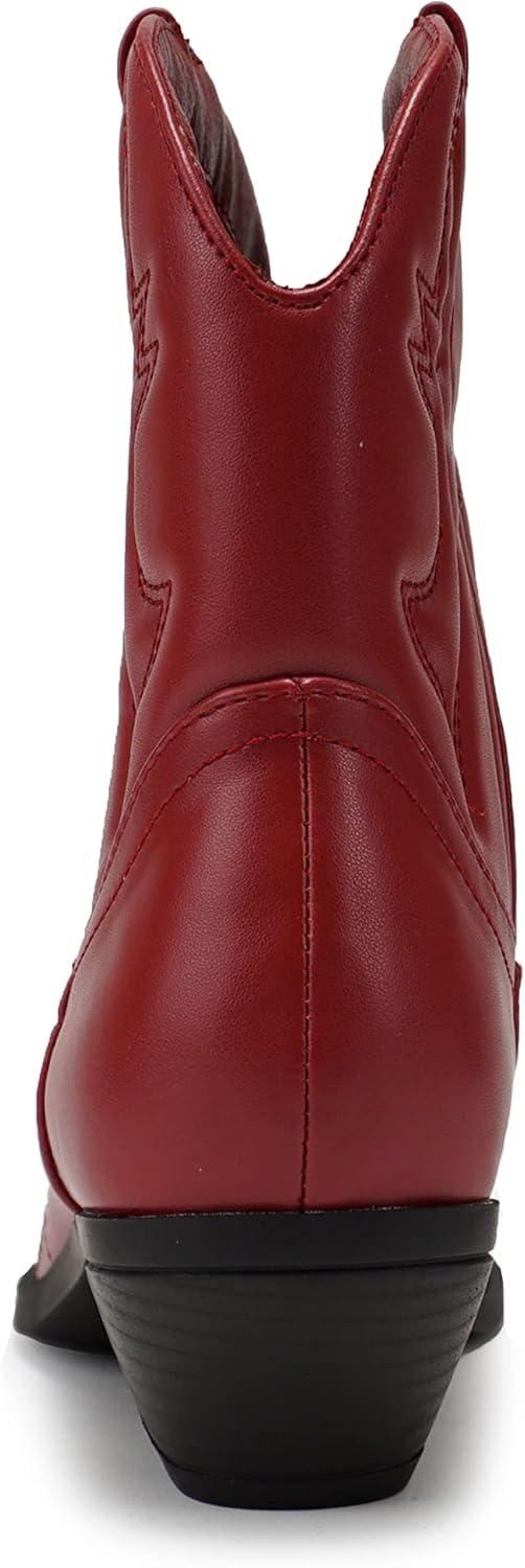 imageSoda RIGGING  Women Western Stitched Pointe Toe Low Heel Ankle Mid Shaft BootsDk Red Pu
