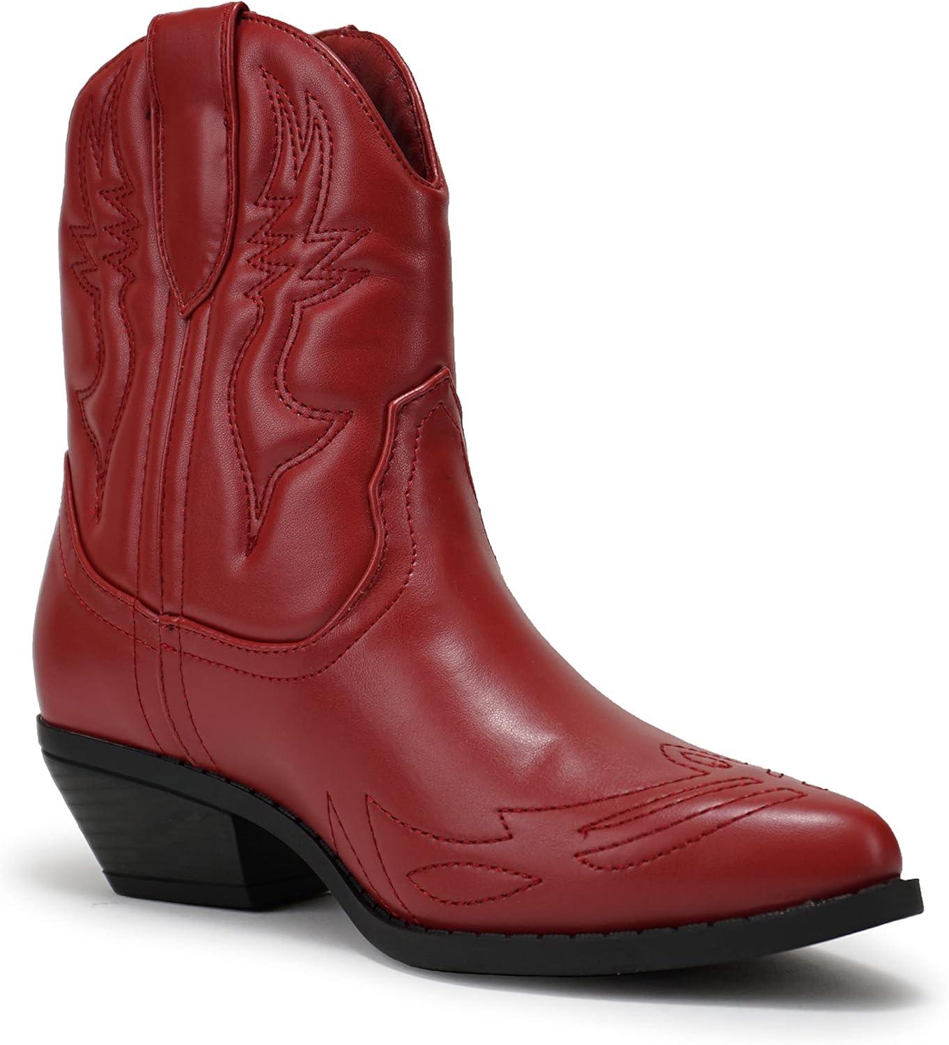 imageSoda RIGGING  Women Western Stitched Pointe Toe Low Heel Ankle Mid Shaft BootsDk Red Pu