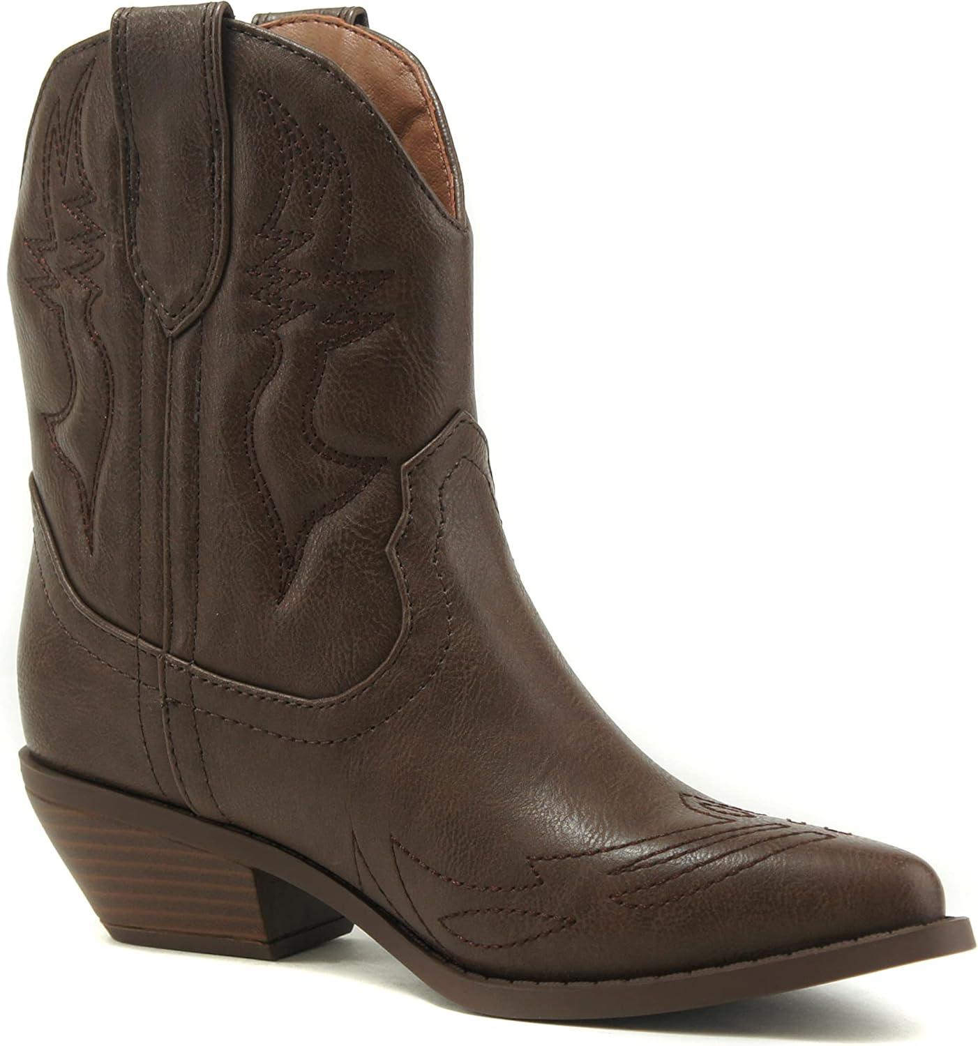 imageSoda RIGGING  Women Western Stitched Pointe Toe Low Heel Ankle Mid Shaft BootsDktan