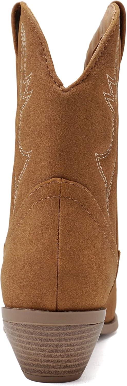 imageSoda RIGGING  Women Western Stitched Pointe Toe Low Heel Ankle Mid Shaft BootsDtan Nubuck