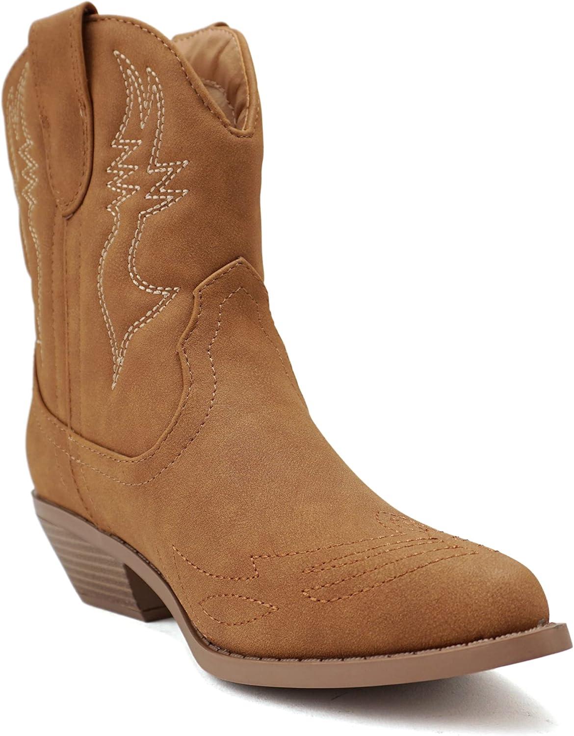 imageSoda RIGGING  Women Western Stitched Pointe Toe Low Heel Ankle Mid Shaft BootsDtan Nubuck